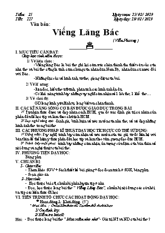 Giáo án Ngữ văn Lớp 9 - Tiết 117: Văn bản Viếng lăng Bác - Năm học 2018-2019