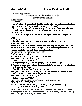 Giáo án Ngữ văn Lớp 9 - Tiết 119: Nghị luận về tác phẩm truyện (hoặc đoạn trích) - Năm học 2020-2021