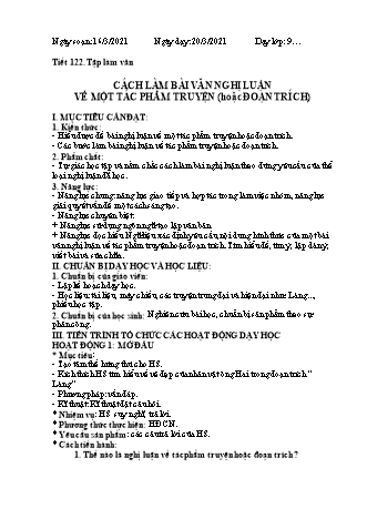 Giáo án Ngữ văn Lớp 9 - Tiết 122: Cách làm bài văn nghị luận về một tác phẩm truyện (hoặc đoạn trích)