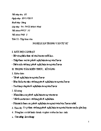 Giáo án Ngữ văn Lớp 9 - Tiết 52: Nghị luận trong văn tự sự - Năm học 2019-2020