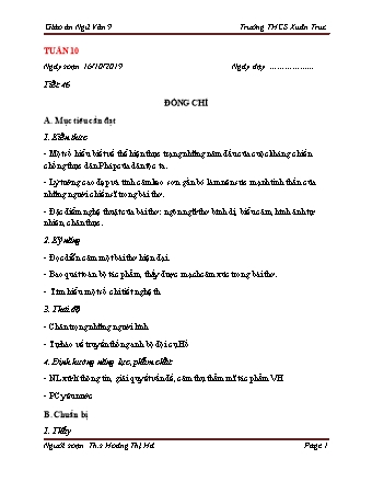 Giáo án Ngữ văn Lớp 9 - Tuần 10 - Năm học 2019-2020 - Hoàng Thị Hà