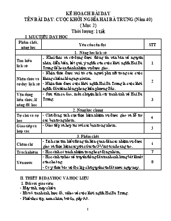 Kế hoạch bài dạy Lịch sử Lớp 6 - Cuộc khởi nghĩa Hai Bà Trưng (Năm 40)