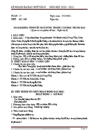 Kế hoạch bài dạy Ngữ văn Lớp 8 - Tiết 105+106: Ngoại khóa tình yêu đất nước trong văn học trung đại - Năm học 2020-2021