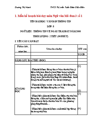 Kế hoạch bài dạy Ngữ văn Lớp 8 - Văn bản "Thông tin về ngày Trái Đất năm 2000" - Trường THCS Thị trấn Tuần giáo Điện Biên