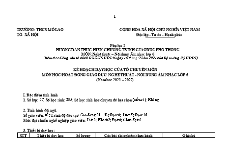 Kế hoạch dạy học của tổ chuyên môn Âm nhạc Lớp 6 theo CV4040 - Chương trình cả năm - Năm học 2021-2022 - Trường THCS Mỗ Lao