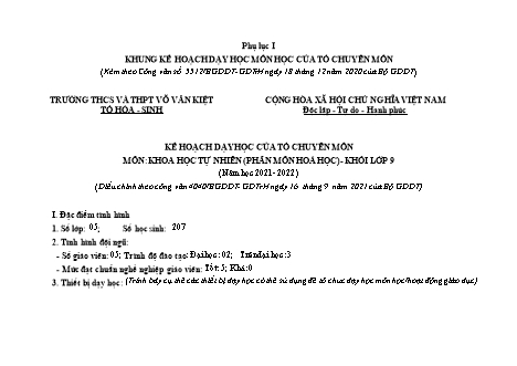 Kế hoạch dạy học của tổ chuyên môn Khoa học tự nhiên Lớp 9 theo CV4040 - Phần: Hóa học - Năm học 2021-2022 - Trường THCS Võ Văn Kiệt