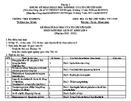 Kế hoạch dạy học của tổ chuyên môn Lịch sử Lớp 6 theo CV4040 - Năm học 2021-2022 - Trường THCS ĐăkHring