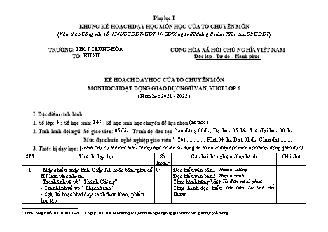 Kế hoạch dạy học của tổ chuyên môn Ngữ văn Lớp 6 - Chương trình cả năm - Năm học 2021-2022 - Trường THCS Trung Hòa