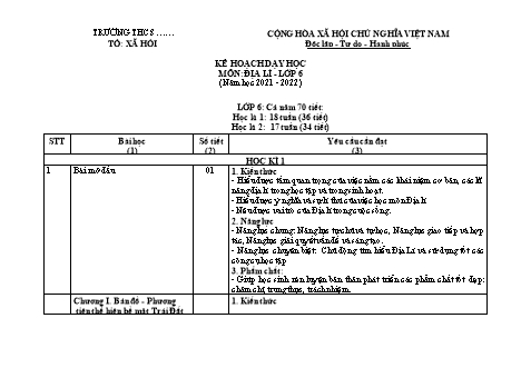 Kế hoạch dạy học Địa lí Lớp 6 Sách Cánh diều - Năm học 2021-2022