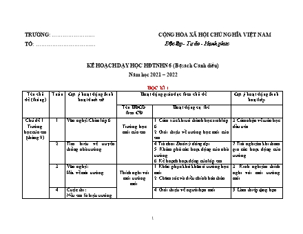 Kế hoạch dạy học Hoạt động trải nghiệm Lớp 6 Sách Cánh diều - Năm học 2021-2022