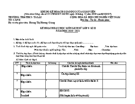 Kế hoạch dạy học Lịch sử Lớp 6 theo CV5512 - Chương trình học kì 2 - Năm học 2020-2021 - Trường THCS Tà Lại