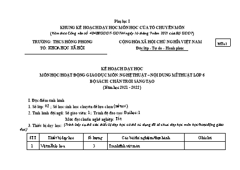 Kế hoạch dạy học Mĩ thuật Lớp 6 Sách Chân trời sáng tạo theo CV4040 - Năm học 2021-2022 - Trường THCS Hồng Phong