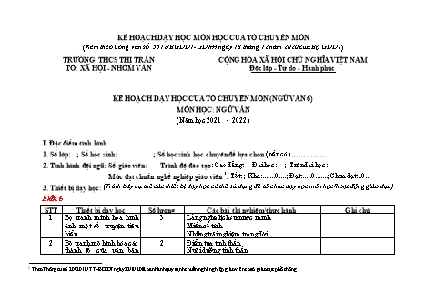 Kế hoạch dạy học Ngữ văn Lớp 6 theo CV5512 - Năm học 2021-2022
