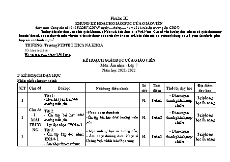 Kế hoạch giáo dục của giáo viên Âm nhạc Lớp 7 theo CV4040 - Chương trình cả năm - Năm học 2021-2022