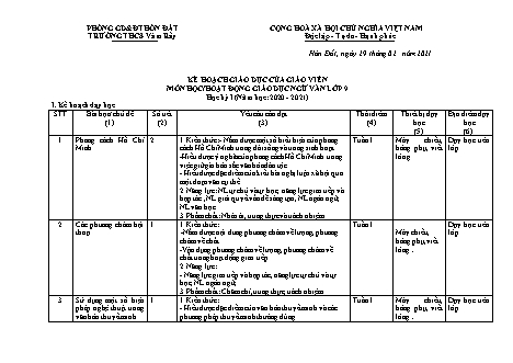 Kế hoạch giáo dục của giáo viên Ngữ văn Lớp 9 - Chương trình học kì 1 - Năm học 2021-2022 - Trường THCS Vàm Rẫy