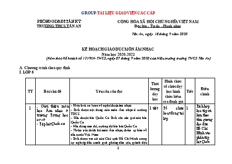 Kế hoạch giáo dục môn Âm nhạc THCS - Năm học 2020-2021 - Trường THCS Tân An