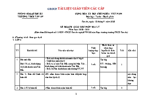 Kế hoạch giáo dục môn Địa lí THCS theo CV3280 - Năm học 2020-2021 - Trường THCS Tân An