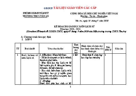 Kế hoạch giáo dục môn Lịch sử THCS - Năm học 2020-2021 - Trường THCS Tân An