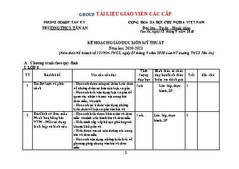 Kế hoạch giáo dục môn Mỹ thuật THCS - Năm học 2020-2021 - Trường THCS Tân An