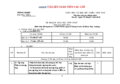 Kế hoạch giáo dục môn Toán THCS - Năm học 2020-2021