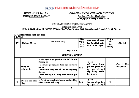 Kế hoạch giáo dục môn Vật lí THCS - Năm học 2020-2021 - Trường THCS Tân An