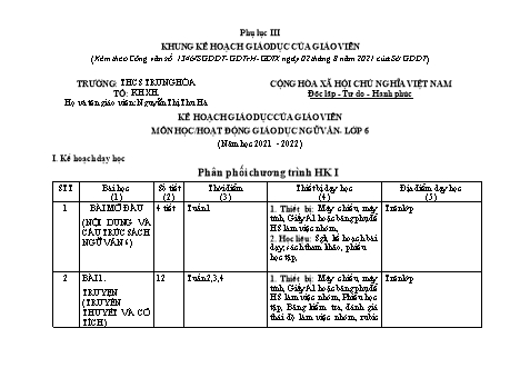 Kế hoạch giáo dục Ngữ văn Lớp 6 - Chương trình cả năm - Năm học 2021-2022 - Trường THCS Trung Hòa