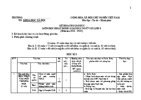 Kế hoạch giáo dục Ngữ văn Lớp 6 - Năm học 2021-2022