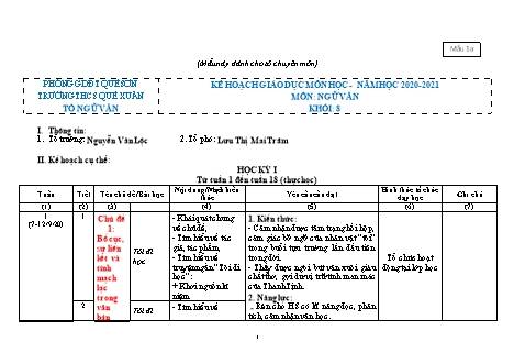 Kế hoạch giáo dục Ngữ văn Lớp 8 - Chương trình cả năm - Năm học 2020-2021 - Trường THCS Quế Xuân