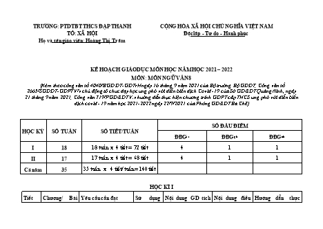 Kế hoạch giáo dục Ngữ văn Lớp 8 theo CV4040 - Năm học 2021-2022 - Trường THCS Đạp Thanh