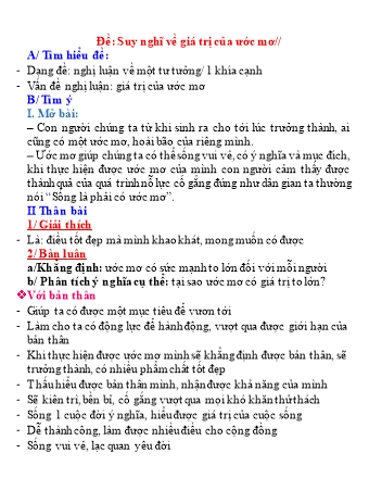 Ôn tập Ngữ văn Lớp 9 - Nghị luận xã hội - Đề bài: Suy nghĩ về giá trị của ước mơ