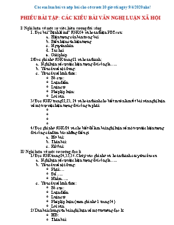 Phiếu bài tập: Các kiểu bài văn nghị luận xã hội