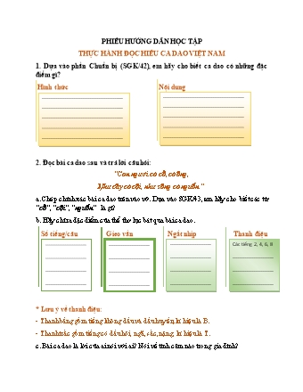 Phiếu hướng dẫn học tập Ngữ văn Lớp 6 - Đọc, hiểu văn bản "Ca dao Việt Nam"