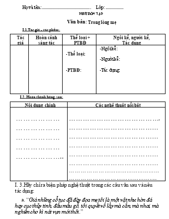 Phiếu ôn tập Ngữ văn Lớp 8 - Văn bản "Trong lòng mẹ"