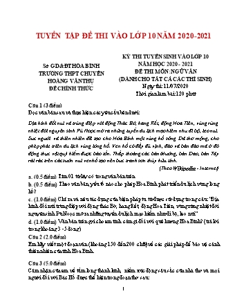 Tuyển tập đề thi vào Lớp 10 môn Ngữ văn - Năm học 2020-2021 (Có đáp án)