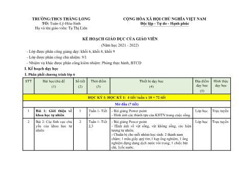 Kế hoạch giáo dục của giáo viên Khoa học tự nhiên THCS - Chương trình cả năm - Trường THCS Thăng Long Kế hoạch giáo dục của giáo viên Khoa học tự nhiên THCS - Chương trình cả năm - Trường THCS Thăng Long