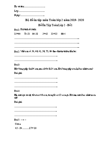 10 Bộ đề ôn tập môn Toán + Tiếng Việt Lớp 2 - Năm học 2019-2020 - Trường Tiểu học Tân Long A