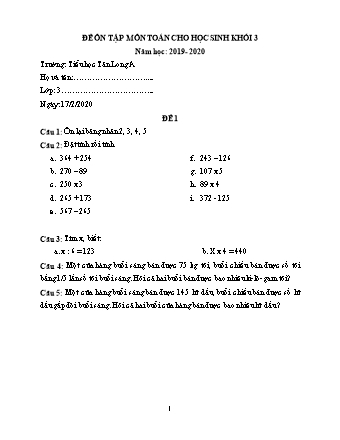 11 Đề ôn tập môn Toán + Tiếng Việt Lớp 3 - Năm học 2019-2020 - Trường Tiểu học Tân Long A