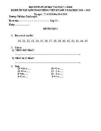 2 Đề ôn tập môn Toán + Tiếng Việt Lớp 3 - Năm học 2019-2020 - Trường Tiểu học Tân Long A