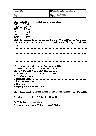 2 Đề ôn tập môn Toán + Tiếng Việt Lớp 4 - Năm học 2019-2020 - Trường Tiểu học Tân Long A