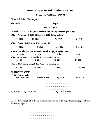 3 Bài tập ôn tập môn Toán + Tiếng Việt Lớp 3 - Năm học 2019-2020 - Trường Tiểu học Tân Long A (Có đáp án)
