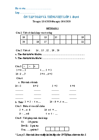 3 Đề ôn tập môn Tiếng Việt + Toán Lớp 1 - Đợt 6 - Năm học 2019-2020 - Trường Tiểu học Tân Long A (Có đáp án)