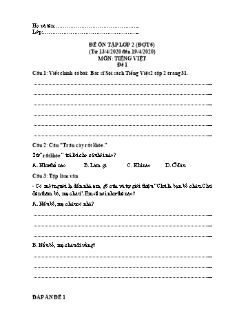 3 Đề ôn tập môn Tiếng Việt + Toán Lớp 2 - Đợt 6 - Năm học 2019-2020 - Trường Tiểu học Tân Long A (Có đáp án)