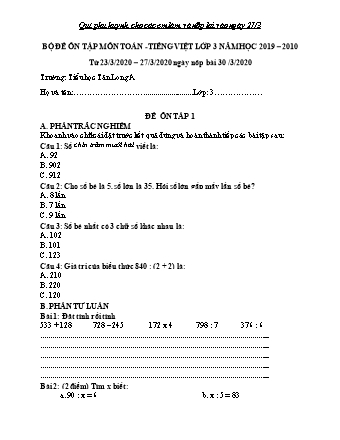 3 Đề ôn tập môn Toán + Tiếng Việt 3 - Năm học 2019-2020 - Trường Tiểu học Tân Long A (Có đáp án)