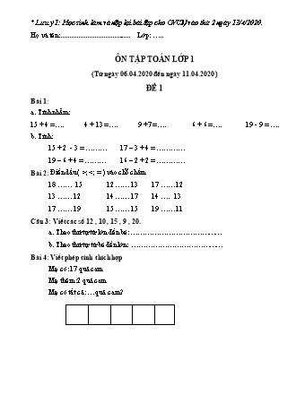 3 Đề ôn tập môn Toán + Tiếng Việt Lớp 1 - Năm học 2019-2020 - Trường Tiểu học Tân Long A (Có đáp án)
