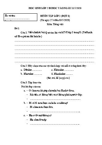 3 Đề ôn tập môn Toán + Tiếng Việt Lớp 2 - Đợt 8 - Năm học 2019-2020 - Trường Tiểu học Tân Long A (Có đáp án)