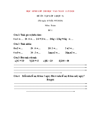 3 Đề ôn tập môn Toán + Tiếng Việt Lớp 2 - Đợt 9 - Năm học 2019-2020 - Trường Tiểu học Tân Long A (Có đáp án)