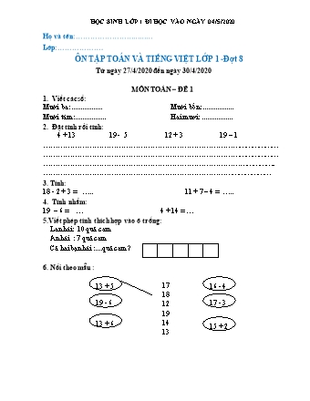3 Đề ôn tập môn Toán+Tiếng Việt Lớp 1 - Đợt 8 - Năm học 2019-2020 - Trường Tiểu học Tân Long A (Có đáp án)