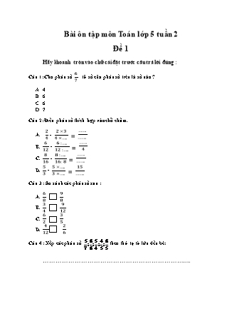 5 Đề ôn tập môn Toán Lớp 5 - Tuần 2 - Năm học 2021-2022 - Trường Tiểu học Tân Long A (Có đáp án)