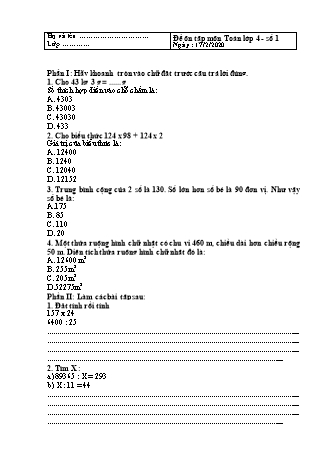 6 Đề ôn tập môn Toán + Tiếng Việt Lớp 4 - Năm học 2019-2020 - Trường Tiểu học Tân Long A