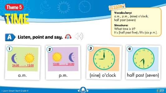 Bài giảng Tiếng Anh Lớp 4 - Theme 5: Time. Lesson 1,2,3,4,5,6 - Trường Tiểu học Tân Long Hội A